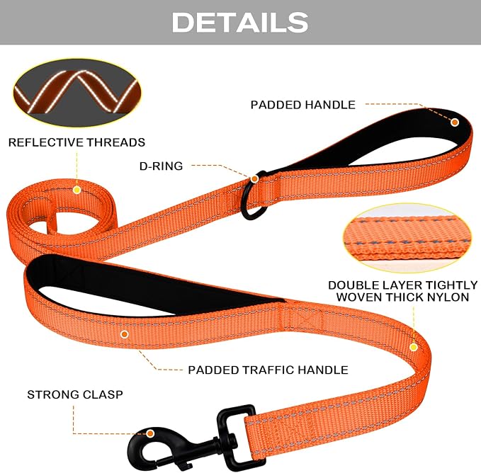 Joytale Dog Leash Heavy Duty for Large Dogs that Pull, Double Handle for Traffic Control, Double-Sided Reflective Leashes for Large Medium Dogs Night Safety, 6FT, Orange
