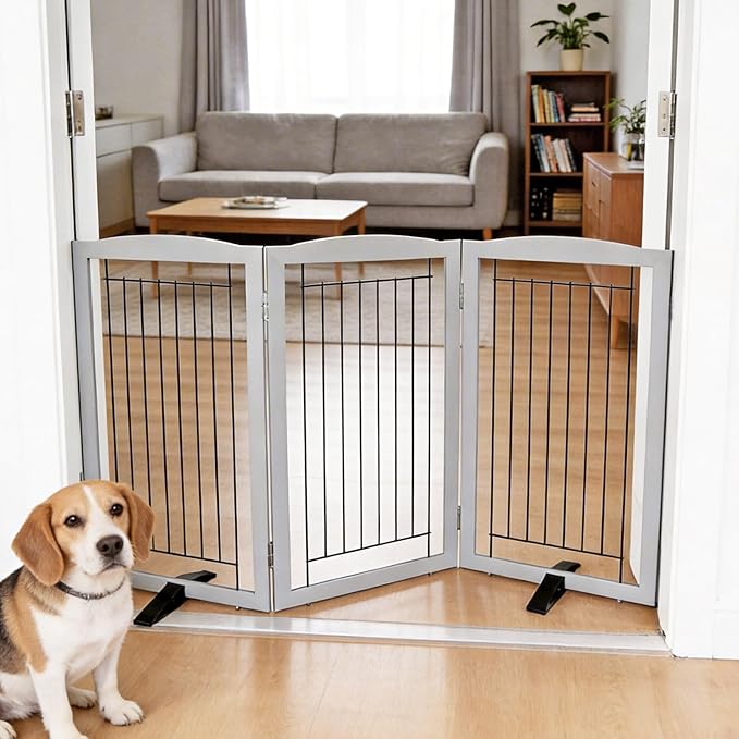 ZJSF Freestanding Dog Fence Indoor, Foldable Dog Gate for Doorways, Stairs or Hallways, Sturdy Wood Extra Wide Pet Gate with Support Feet for The House, Grey, 32 "Height-3 Panels