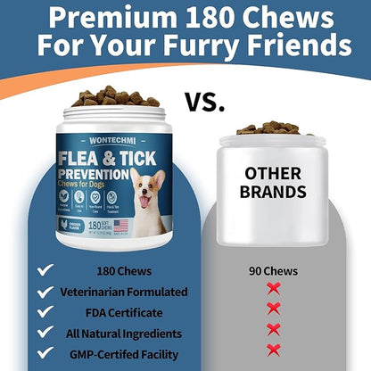 Flea and Tick Prevention for Dogs Chewables, 180 Chews Natural Chews Supplement for Dogs, Oral Dog Flea and Tick Treatment for All Breeds and Ages (180 Chews, Chicken)