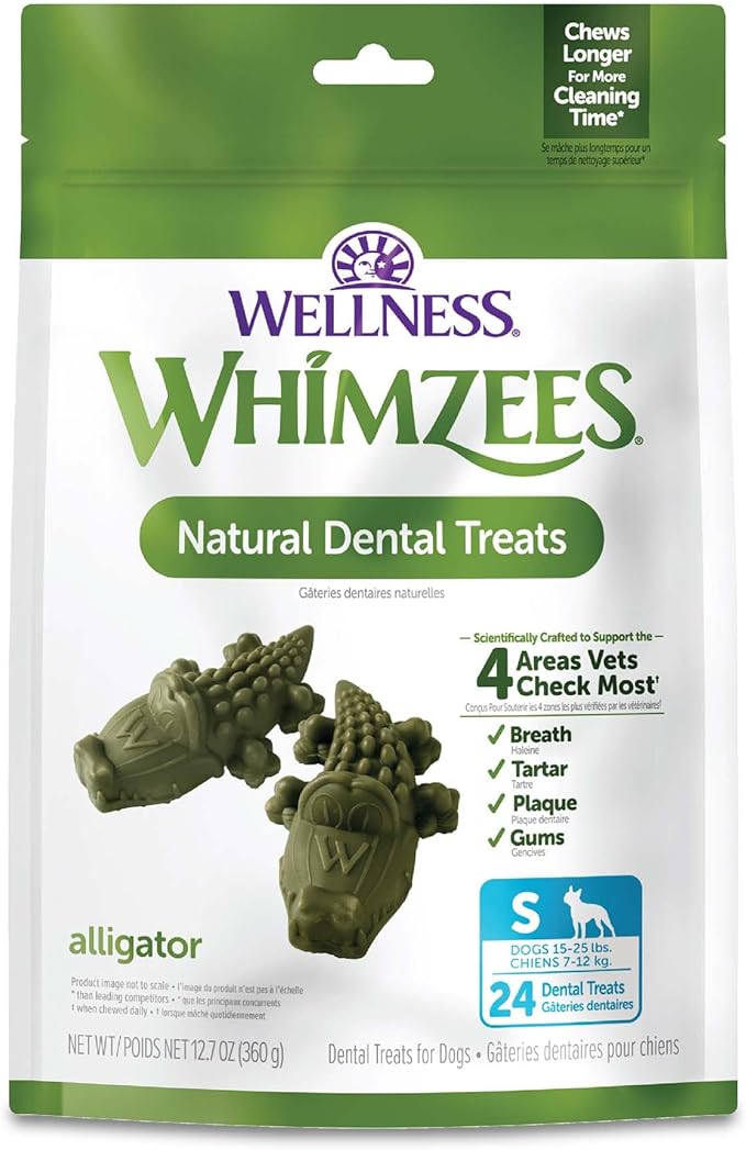 Whimzees Wellness Alligator Dog Dental Treat, Chews, Freshens Breath, Small Size, 12.7 oz Bag, 24 Count