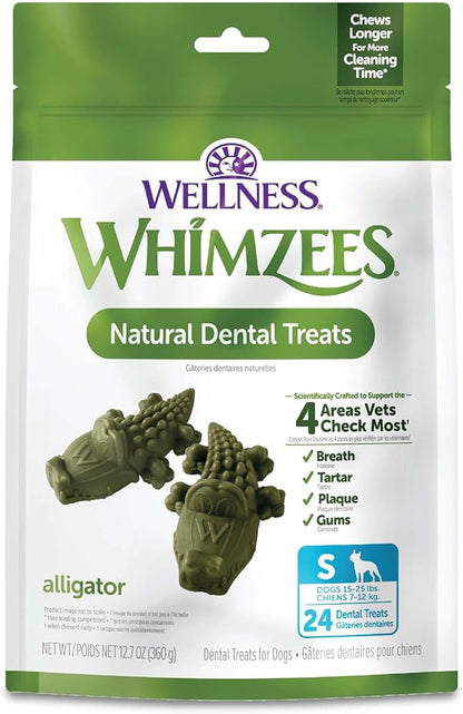Whimzees Wellness Alligator Dog Dental Treat, Chews, Freshens Breath, Small Size, 12.7 oz Bag, 24 Count