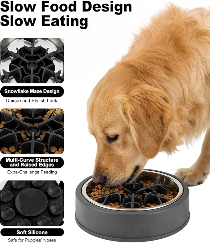 Slow Feeder Insert for Dog Bowl, Mabnuby 100% Food-Grade Silicone Slow Feeder Insert Fits Large Medium Small Size Dogs, Compatible with Regular & Elevated Bowls, Helps Prevent Digestive Issues, Black