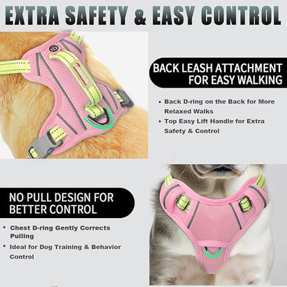 BARKBAY No Pull Dog Harness Large Reflective Dog Harness with Front Clip and Easy Control Handle for Walking Training Running with ID tag Pocket(Baby Pink & Sunlight,S)