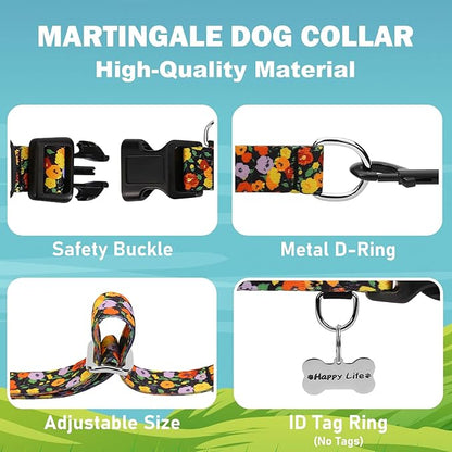 Martingale Collar with Buckle Adjustable Nylon Training No Pull Dog Collars for Large Dogs (Orange Floral, Large)