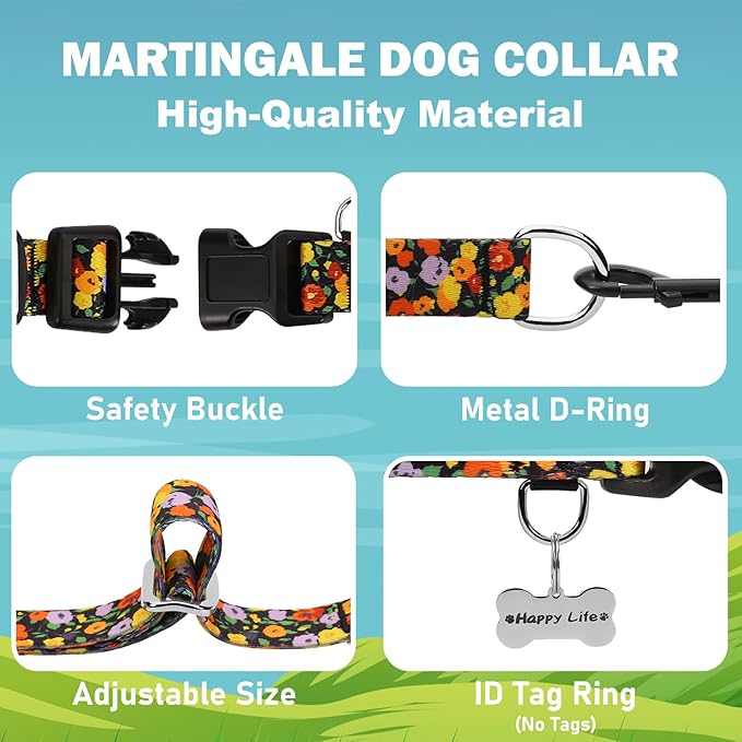 Martingale No Pull Collar with Buckle Adjustable Nylon Slip Collar for Dogs Training Walking (Orange Floral, Small)