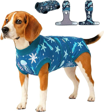 PetWarm Dog Suit for Surgery Recovery, Clothes for Dogs, Dog Onesie After Surgery, Lightweight Recovery Suit for Post-Op Comfort, Covers Sensitive Areas, Marine Animal Patterns, Blue, L