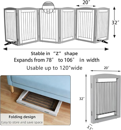 ZJSF Freestanding Dog Fence Indoor, Foldable Dog Gate for Doorways, Stairs or Hallways, Sturdy Wood Extra Wide Pet Gate with Support Feet for The House, Grey, 32 "Height-6 Panels