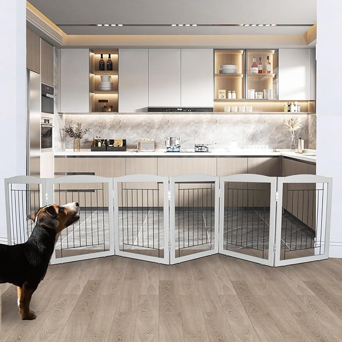 ZJSF Freestanding Foldable Dog Gate for House Extra Wide Wooden Grey Puppy Gate Stairs Dog Gates Doorways Tall Pet Gate 24" Height 6 Panels Pet Fence