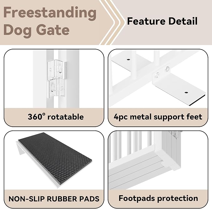 SNUOWU Full Metal Freestanding Dog Gate with Door, 24'' Height Foldable Pet Dog Fence for Indoor & Outdoor, 4 Panels Extra Wide Free Standing SmallDog Gates for Doorways,House,Stairs,Porch,Deck,Yard
