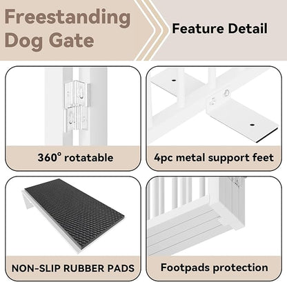 SNUOWU Full Metal Freestanding Dog Gate with Door, 24'' Height Foldable Pet Dog Fence for Indoor & Outdoor, 4 Panels Extra Wide Free Standing SmallDog Gates for Doorways,House,Stairs,Porch,Deck,Yard