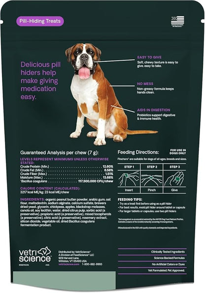 VetriScience Extra Large Pinchers Pill Hiders Chews, Non-Greasy with Probiotics for Dogs, Disguise Capsules and Tablets, Soft and Chewy, Gut and Immune Health, Peanut Butter, 45 Count
