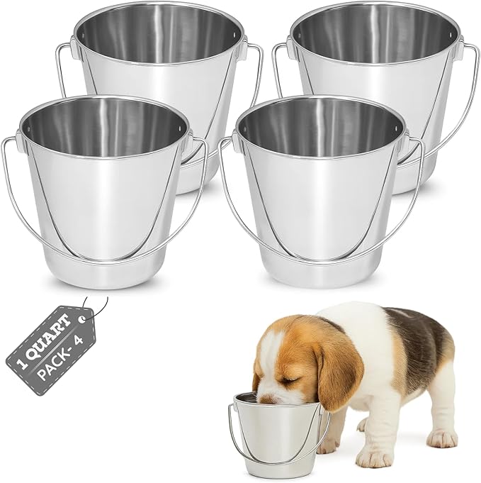 Heavy Duty Stainless Steel Dog Water Bucket with Handle, 1 Quart (0.25 Gallon) Round Pail for Small Dogs Cat Bird & Livestock, Fits Kennel & Farm, Hanging Utility Silver Pet Pails, 4 Pack