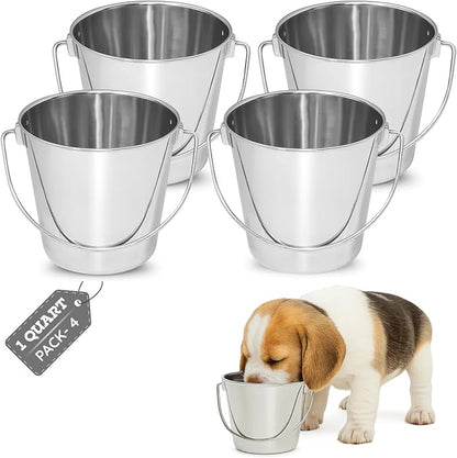 Heavy Duty Stainless Steel Dog Water Bucket with Handle, 1 Quart (0.25 Gallon) Round Pail for Small Dogs Cat Bird & Livestock, Fits Kennel & Farm, Hanging Utility Silver Pet Pails, 4 Pack