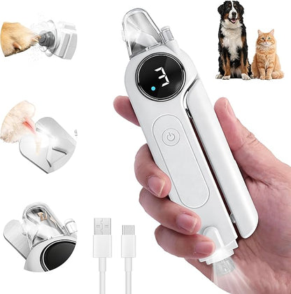 2-in-1 Dog Nail Clippers & Grinder with Light, Quiet Electric Pet Nail Trimmer for Large Medium Small Dogs & Cats, 3 Speeds, Rechargeable, Splash Guard & Safety Lock, Painless Grooming Tool (White)