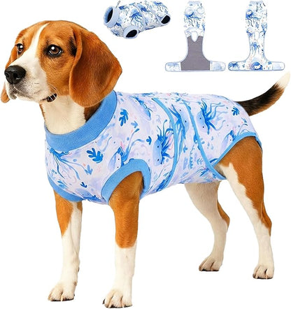 PetWarm Dog Surgery Suit, Cone of Shame Alternatives Bodysuit for Abdominal Affected Areas Sensitive Skin Areas, Anti-Licking Dog Soft, Onesies for Dogs, Marine Animal Patterns, Blue, M