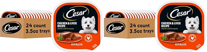 Cesar Classic Loaf in Sauce Adult Wet Dog Food Chicken and Liver Recipe, Wet Food for Dogs, 3.5 oz Easy Peel Trays, 24 Count (Pack of 2)
