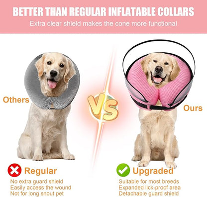 2-in-1 Soft Inflatable Dog Cone Collar Alternative with Enhanced Anti-Licking Guard Shield, Dog Collar After Surgery, Adjustable Recovery Cones for Large Medium Small Dogs and Cats (Pink,S)