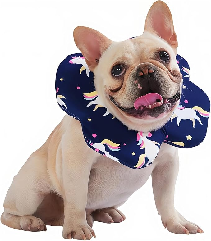 PetWarm Recovery Collar for Dogs, Dog Recovery Collar, Lightweight Pet Neck Protector with Memory Foam Padding, Gentle No-Lick Flower Design for Calm Rest and Travel, Unicorn Print, Blue, L