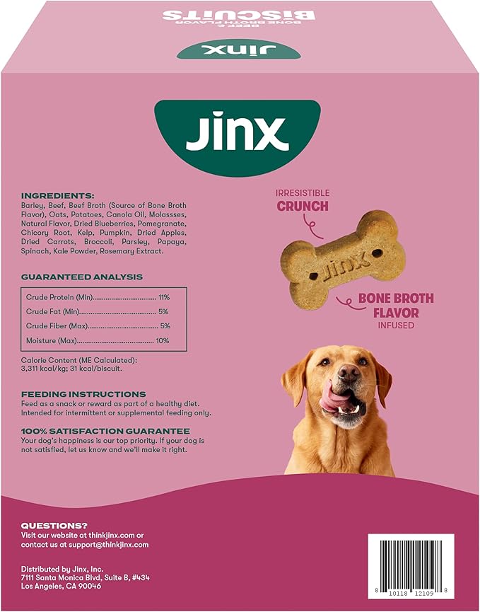 Jinx Oven-Baked Beef Bone Broth Mini Biscuit Dog Treats - Crunchy, All Natural, Superfood-Rich with Grass-Fed Beef, Dog Biscuits for Puppies, Adults & Seniors - 3lb