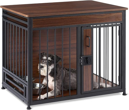Amazon Basics Furniture Style Dog Crate, Two Bowls Included, 30" x 20.4" x 23.6", Walnut