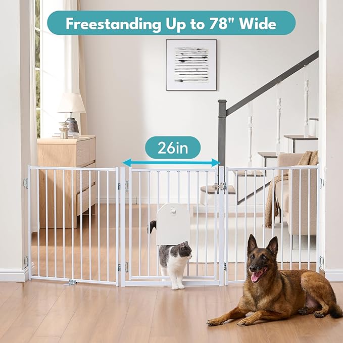 No Pawblems Free Standing Dog Gate with Cat Door, 30'' Tall Foldable Dog Fence for Indoor & Outdoor, Up to 78 Inch Extra Wide Puppy Gate for Stairs, Hallways, Doorways, Deck, Yard (White, 3 Panels)