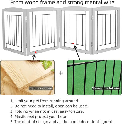 ZJSF Freestanding Foldable Dog Gate for House Extra Wide Wooden Grey Puppy Gate Stairs Dog Gates Doorways Tall Pet Gate 24" Height 4 Panels Pet Fence