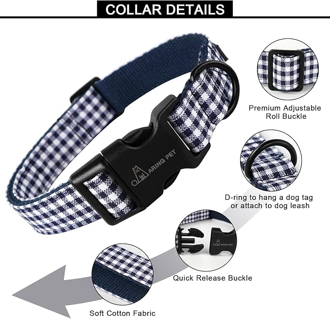 ARING PET Dog Collar, Cute Adjustable Comfortable Cotton Navy White Plaid Pet Collars for Small Medium Large Male Female Boy Girl Dogs-Medium