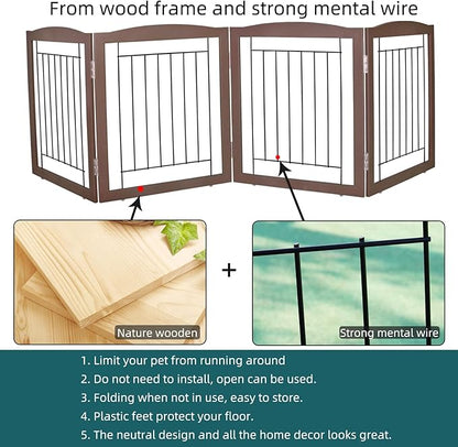 ZJSF Freestanding Foldable Dog Gate for House Extra Wide Wooden Brown Puppy Gate Stairs Dog Gates Doorways Tall Pet Gate 24 "Height 4 Panels Pet Fence