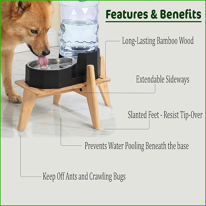 Dog Water Bowl Dispenser Stand for Medium Breeds - Elevated Raised Automatic Dog Food Feeder Holder - Adjustable Fit - Durable Bamboo