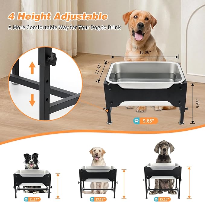 4 Gallons Elevated Large Dog Water Bowl, 4 Height Adjustable Stainless Steel Raised Dog Bowls with Stand, Indoor Outdoor Pet Water Bowl Relief Joint Pressure Pet Dishes for Dogs Easy Clean