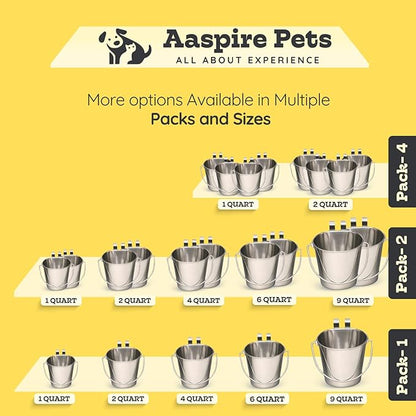 1 Quart Stainless Steel Flat Sided Bucket with Dual Hooks | 4 Pcs Durable Food & Water Bowl for Dog Cat Bird & Small Animals | Fits kennel Cage Crates Farm Hanging Pet Pail | Multipurpose