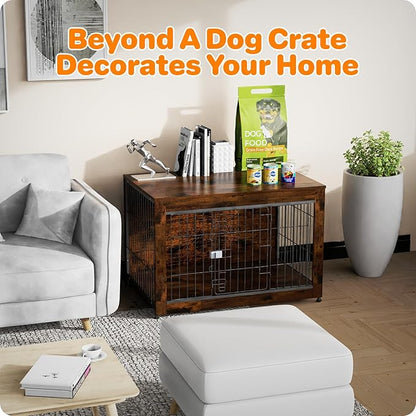 Dog Crate Furniture, Wooden Dog Crate 37in, Decorative Cage with End Table for Dog Indoor Kennel, High Anxiety Dog, Escape-Proof Locks for All Breeds