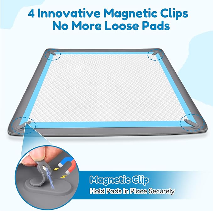 Puppy Pad Holder, 24” x 24” Dog Pee Pad Holder Tray with 4 Magnetic Clips, No Spill Raised Edge Indoor Silicone Dog Potty Trays, Leak-Proof Square Dog Toilet Training Pads Mat for Floor Protection