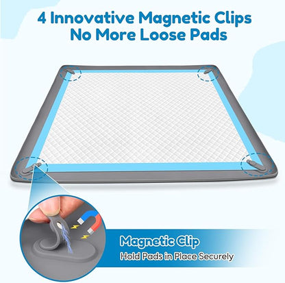 Puppy Pad Holder, 24” x 24” Dog Pee Pad Holder Tray with 4 Magnetic Clips, No Spill Raised Edge Indoor Silicone Dog Potty Trays, Leak-Proof Square Dog Toilet Training Pads Mat for Floor Protection