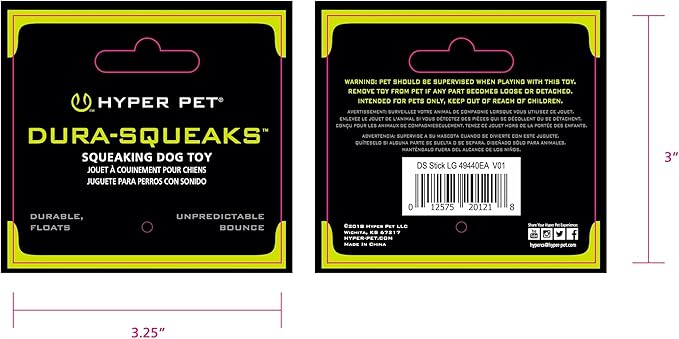 Hyper Pet Dura-Squeaks Stick Dog Toy, Large, Green