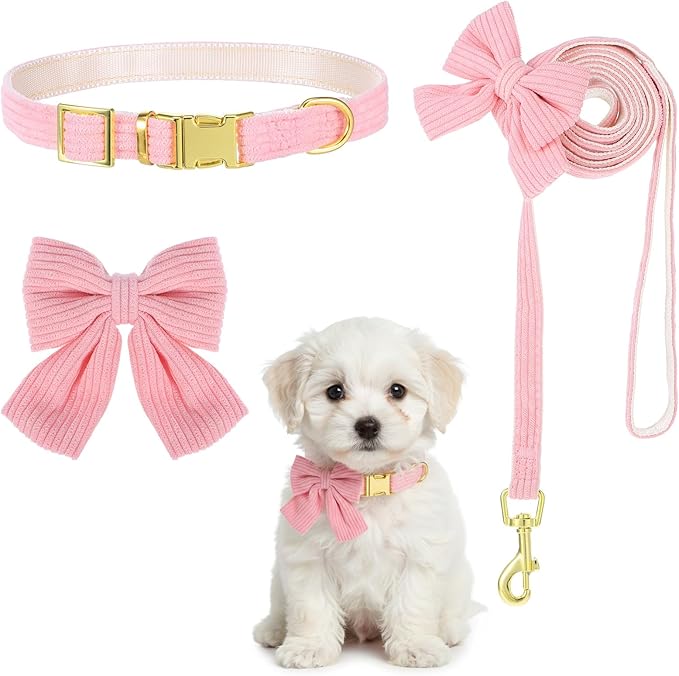 2pcs Dog Collar and Leash Set with Bowtie Cute Small Dog Collar Harness Leash Set Adjustable Breathable Soft Padded for Small Medium Puppy Dogs Metal Buckle Pink S