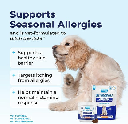 Vetnique DermaBliss Dog Allergy Chews for Seasonal Allergy Itch Relief, Skin & Gut Health with Probiotics and Omega 3 Blend - Advanced or Regular Strength (30ct, Regular Strength Chews)