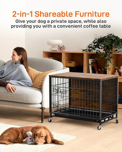 Furniture Style Dog Crate With Removable Tray and Wheels, 2024 New Heavy-Duty Double-Doors Cage End Table, 27.2" Wooden Kennel, Indoor House for Large Dogs, Brown