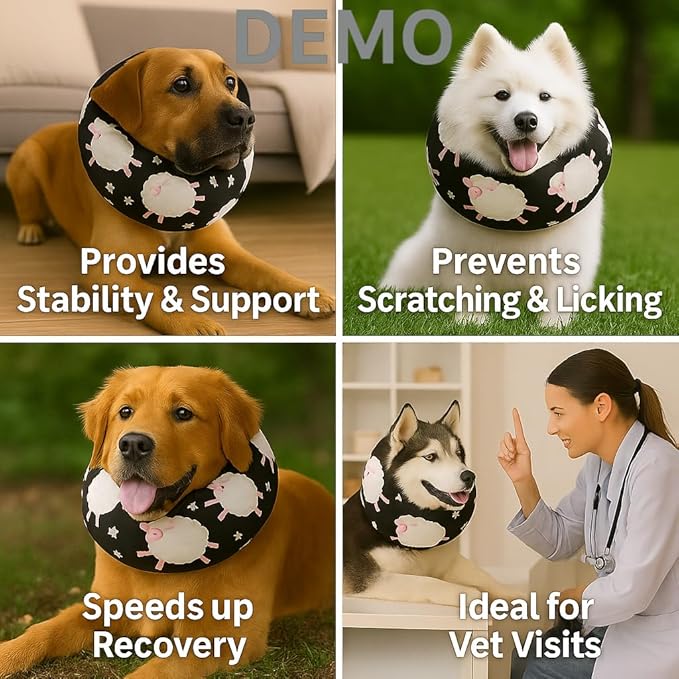 LovinPet Dog Recovery Collar, Adjustable Soft Cone for Medium & Large Dogs, Post-Surgery Comfort & Lick Prevention, Sheep Print,Black