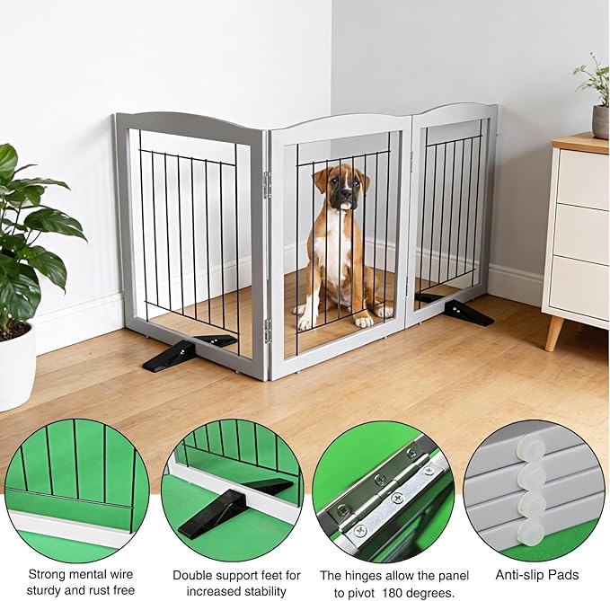 ZJSF Freestanding Dog Fence Indoor, Foldable Dog Gate for Doorways, Stairs or Hallways, Sturdy Wood Extra Wide Pet Gate with Support Feet for The House, Grey, 24 "Height-3 Panels