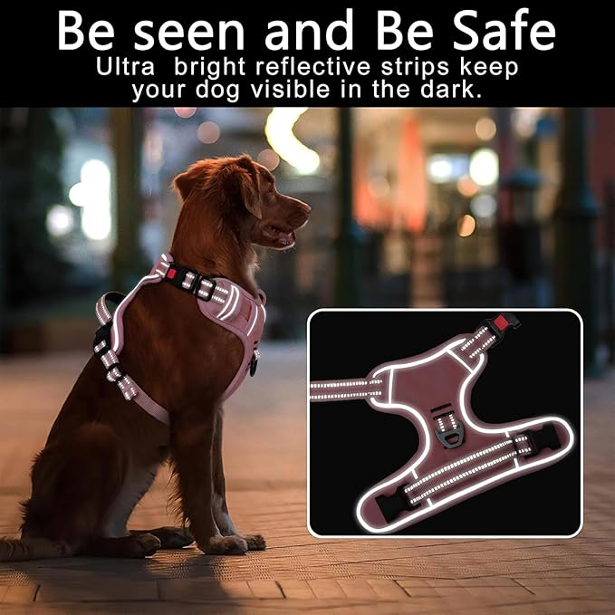 Timos Dog Harness Small Sized, No Pull Pet Harness with Neck Lockable Snap,No Choke Front Clip Dog Reflective Vest,Adjustable Metal Rings 3 Buckles,Easy Control Handle for Small Dogs Pink XS