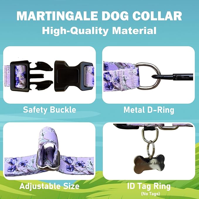 Martingale Collar for Dogs Floral Dog Collars for Small Medium Large Dogs with Buckle Adjustable Soft Nylon Dog Collar (Purple Lily, Large)