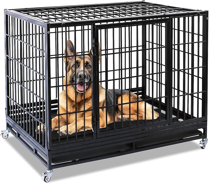 Heavy Duty Dog Crates for Large Dogs, Homey Pet 47 Inch Stackable Large Dogs Cage Kennel Indoor with 4 Lockable Wheels, 2 Trays, Metal Grids, Double Doors, Big Metal Wire Dog Crate