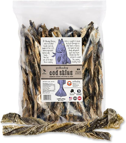 Polkadog Cod Skins for Dogs (2lb Regular) - Single Ingredient, Wild-Caught Fish Skin Dog Treats for All Breeds – High in Lean Protein & Omega-3. Hypoallergenic, Grain Free. Handcrafted & Made in USA