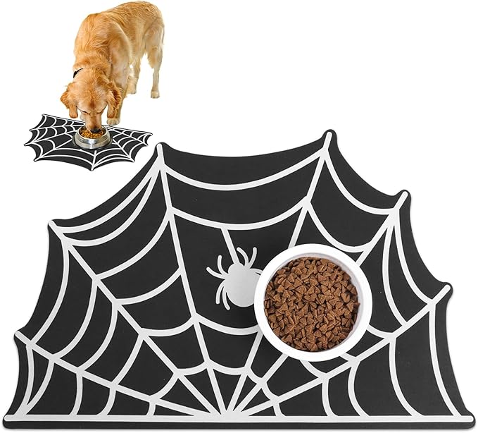Dog Cat Food & Water Mat, Spider Web Pet Feeding Mat for Floor Non-Slip Waterproof, Super Absorbent Quick Dry Placemat Pet Food Bowl Mat, Halloween Decor, Pets Accessories Indoor (16 * 24 in)