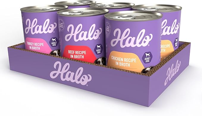 Halo Wet Dog Food Variety Pack, Three Canned Whole Meat Chicken Stew, Beef Stew, Turkey & Salmon Stew, 13.2 Oz Can (Pack of 6)