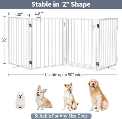 Metal Freestanding Dog Gates with Door for Outdoor Indoor,80'' Extra Wide 32'' Tall Free Standing Dog Gate for Doorways,Large Openings,Deck,Yard,Porch,Foldable Pet Fence(White,4 Panels)