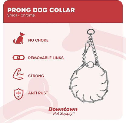 Downtown Pet Supply Chrome Plated Prong Collar for Dogs, Small - Adjustable, No-Choke and No Pull Dog Collar with Removable Links - Pinch Collar for Dogs Under 20 lbs and 14" Neck Width