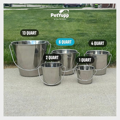 Heavy Duty Stainless Steel Bucket 1.5 Gallon - 6 Quart Flat Side Metal Bucket for Feeding & Watering Pets, Livestock & Cleaning - Perfect for Crates, Kennels, Cages & Hang on Fences