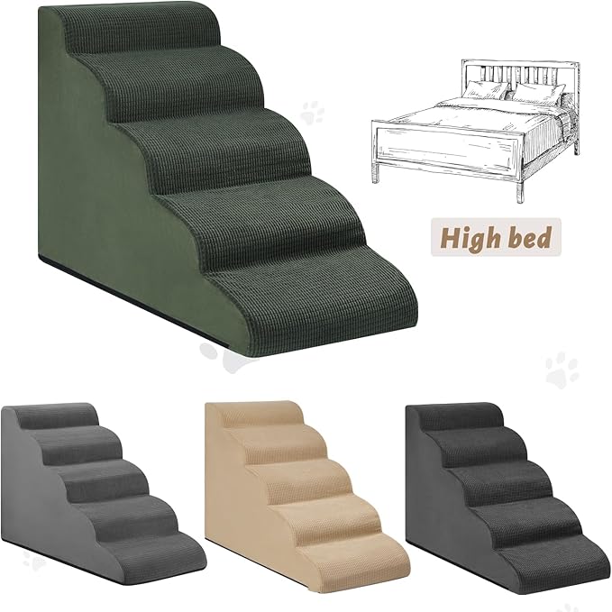 Aodisman 5-Step Dog Stairs and Ramp for High Bed, Non-Slip Sturdy Pet Steps for Small Dogs and Cats,22.2" H,Green